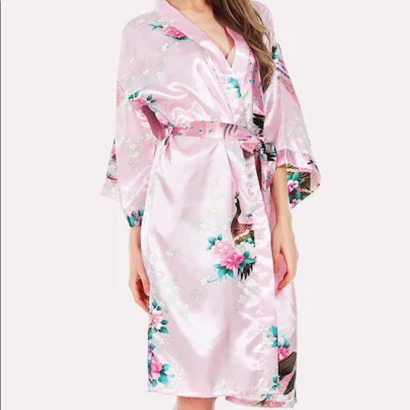 Other - Pink Peacock Print Satin Kimono Robe by AmourOC